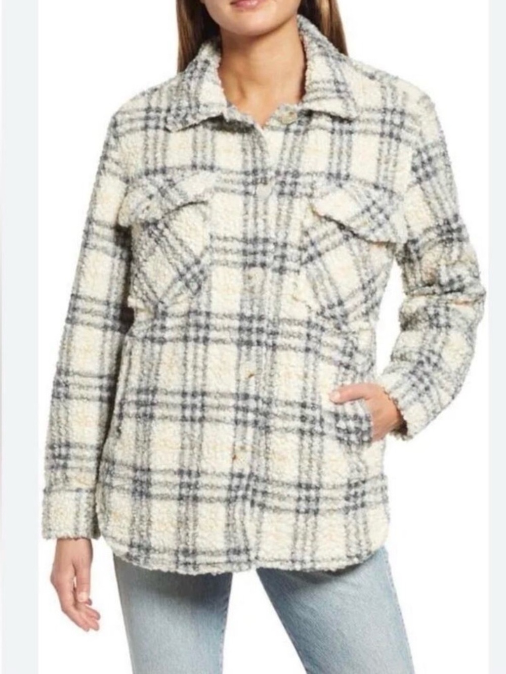 BlankNYC Plaid Teddy Sherpa Shacket Jacket Cream Gray Tan Size XS